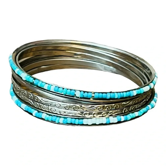 Bangle Bracelet Stack Silver‎ and Turquoise Beaded Design Stack of 7 2.5" - Picture 1 of 5